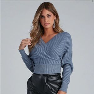 Light Blue Glitter Ribbed Knit Sweater